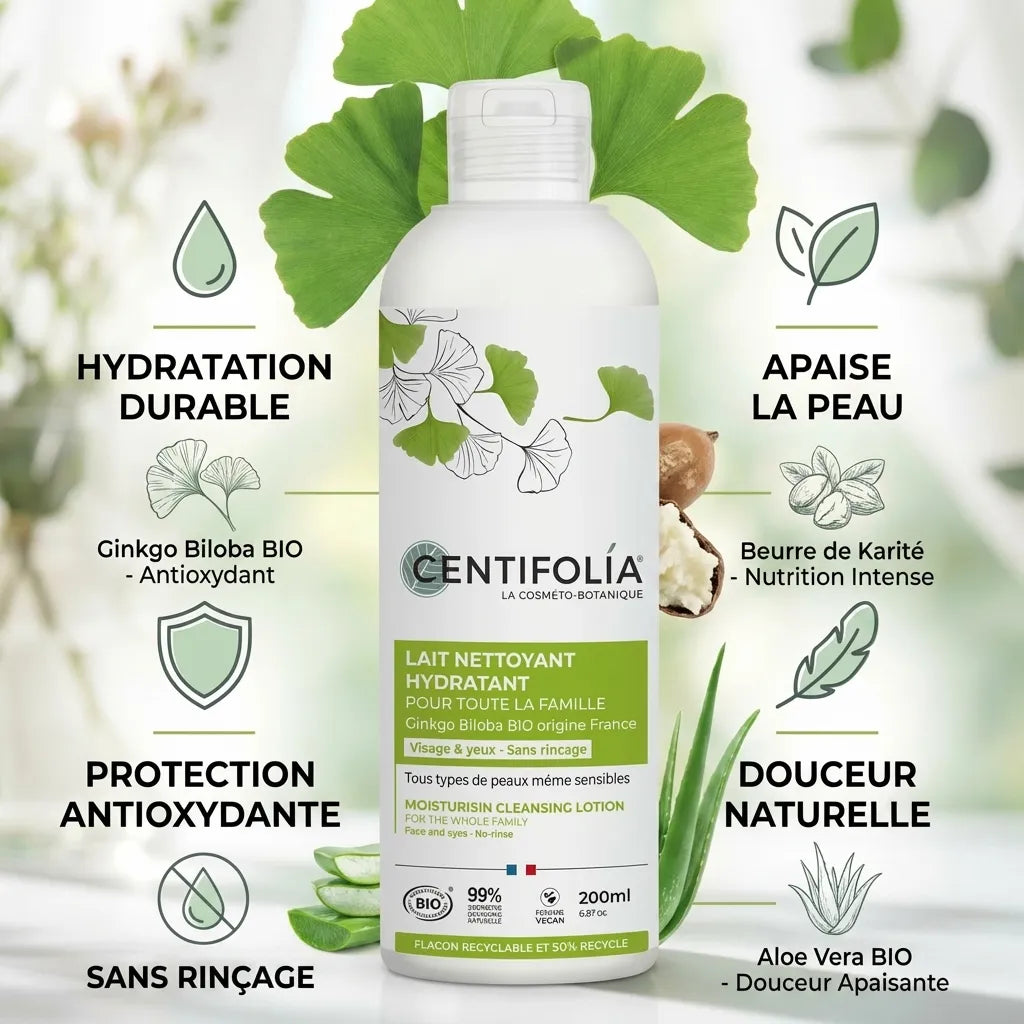 Lait nettoyant Centifolia 200ml avec ingrédients bio ginkgo, karité et aloe vera