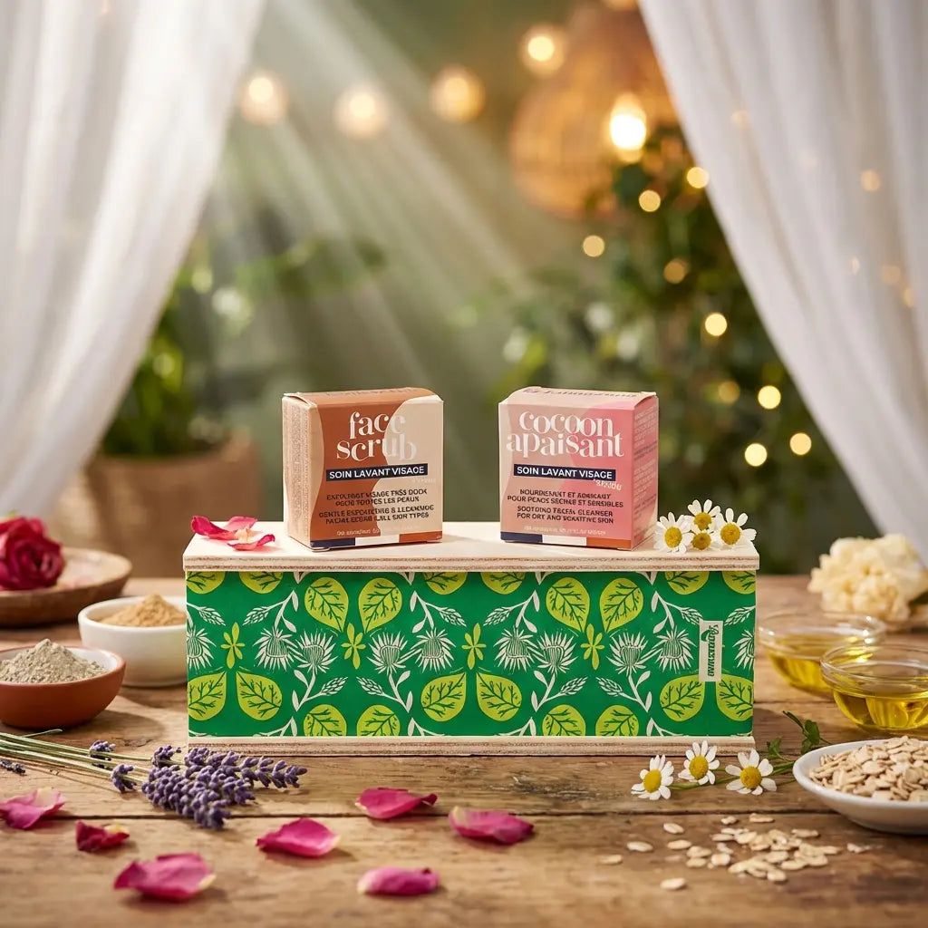 Coffret duo visage Lamazuna avec gommage et soin apaisant dans leur packaging orange et rose