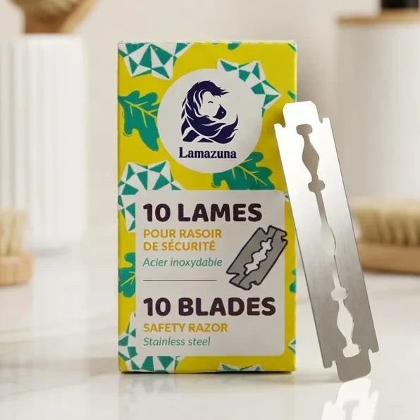 Lames rasoir sûreté Lamazuna x10 emballage jaune teal sur marbre blanc