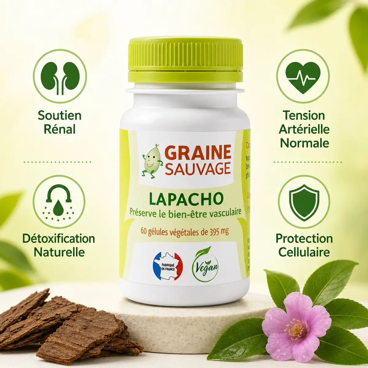 Lapacho 60 gélules Graine Sauvage avec bénéfices santé : soutien rénal, tension artérielle, détoxification