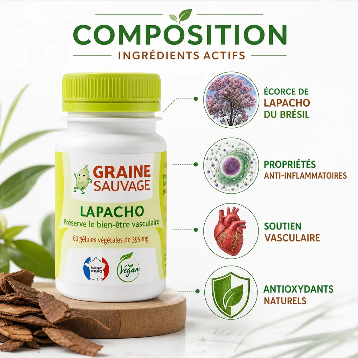 Lapacho 60 gélules Graine Sauvage - Écorce de Lapacho du Brésil, antioxydants naturels, propriétés anti-inflammatoires
