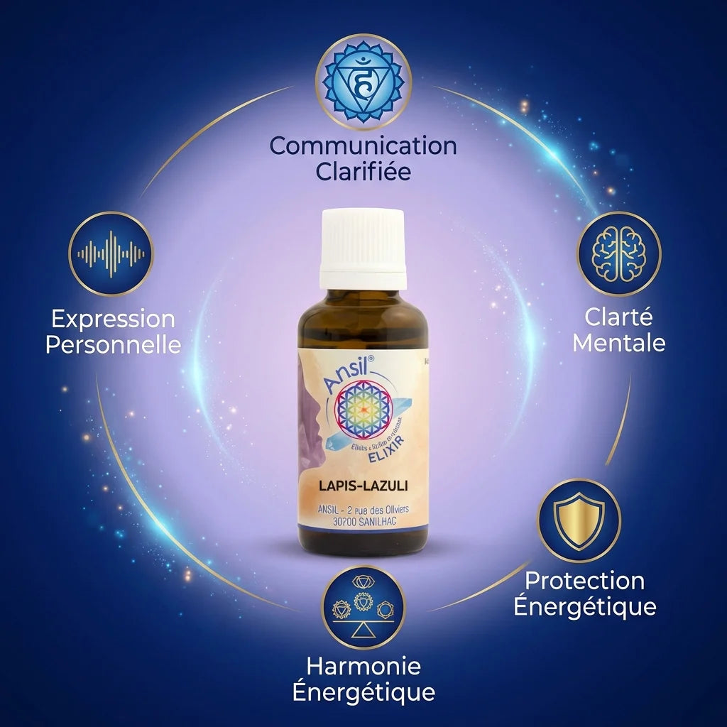 Ansil Lapis-Lazuli Elixir 30ml avec bénéfices : communication, clarté mentale, protection énergétique