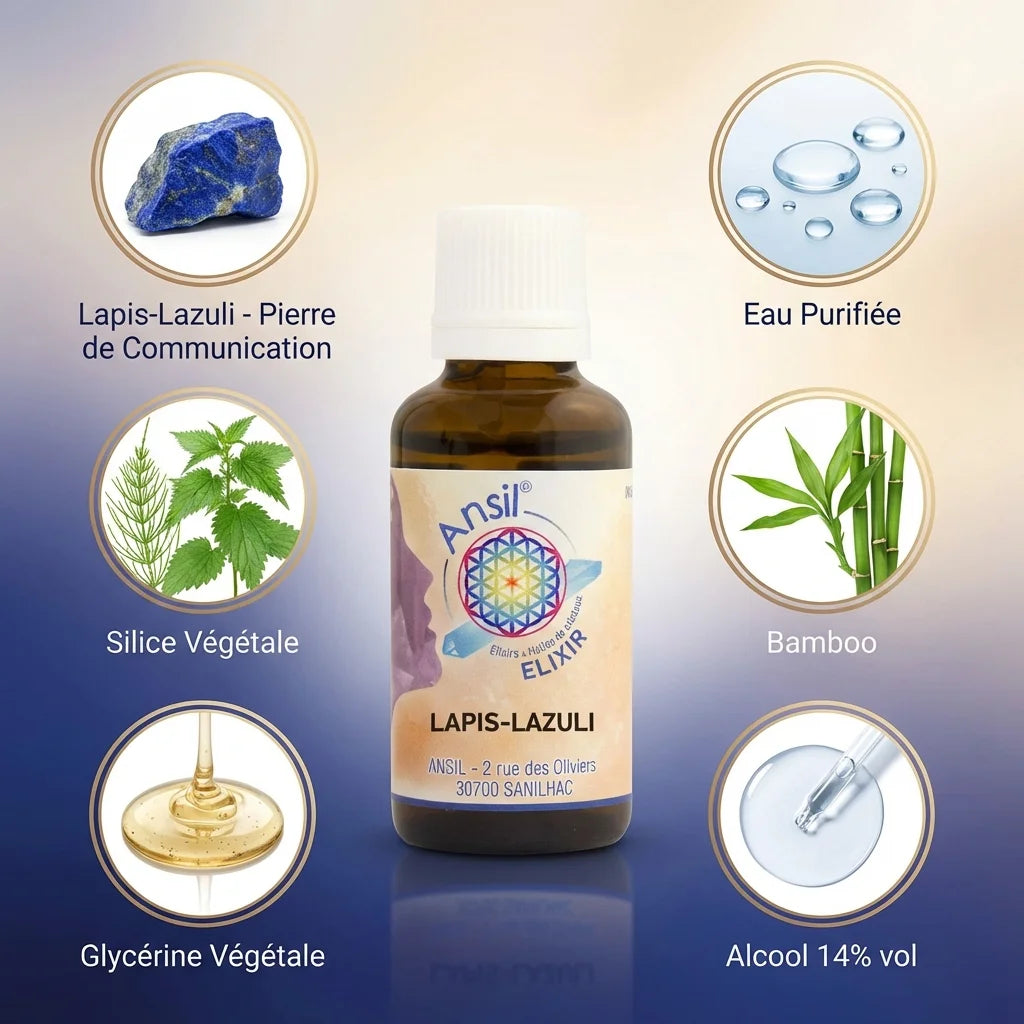 Flacon Ansil Lapis-Lazuli Elixir 30ml avec ingrédients naturels et pierre de communication