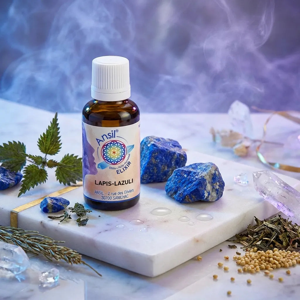 Flacon Lapis-Lazuli Elixir 30ml Ansil entouré de pierres brutes et d'herbes naturelles sur marbre
