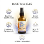 Huile de cristal Lapis-Lazuli Ansil 50ml avec infographie des bienfaits chakras et bien-être