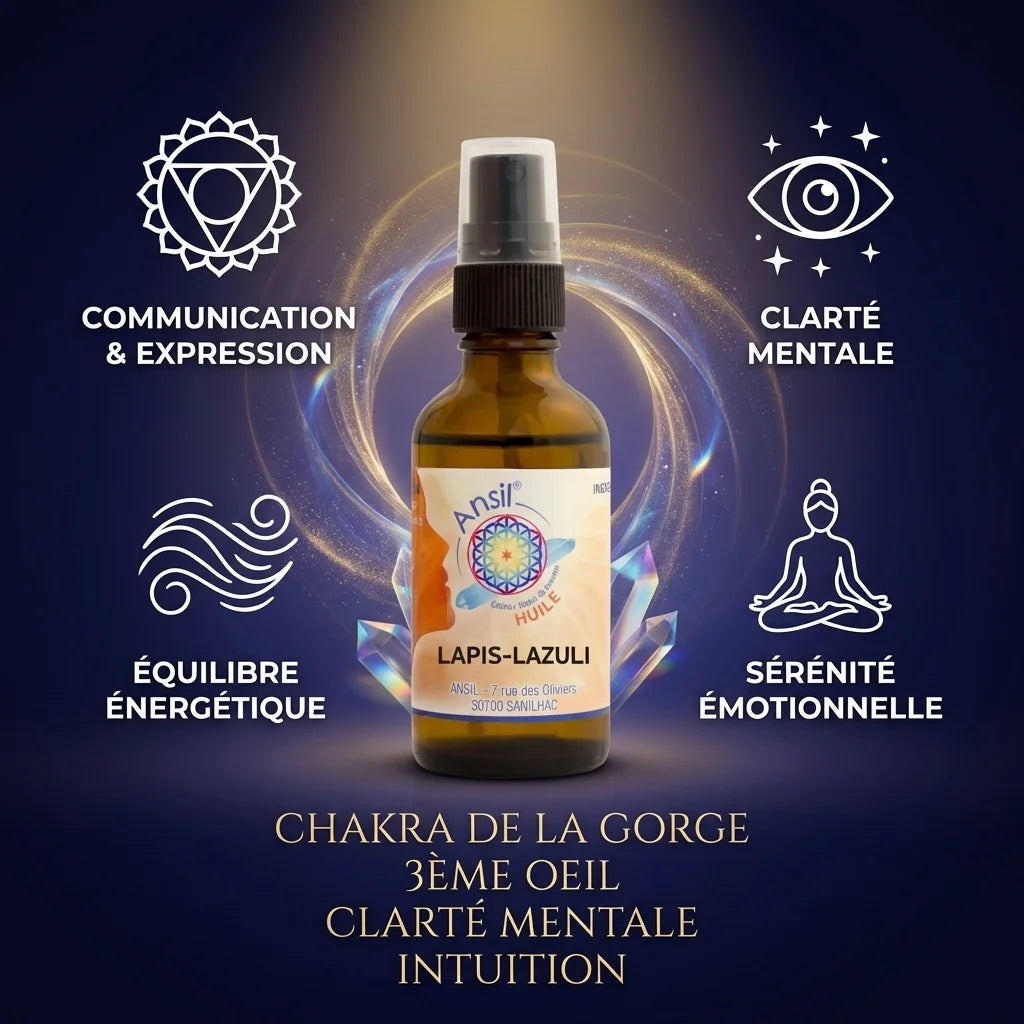Huile de cristal Lapis-Lazuli Ansil 50ml avec icônes chakras et bénéfices énergétiques