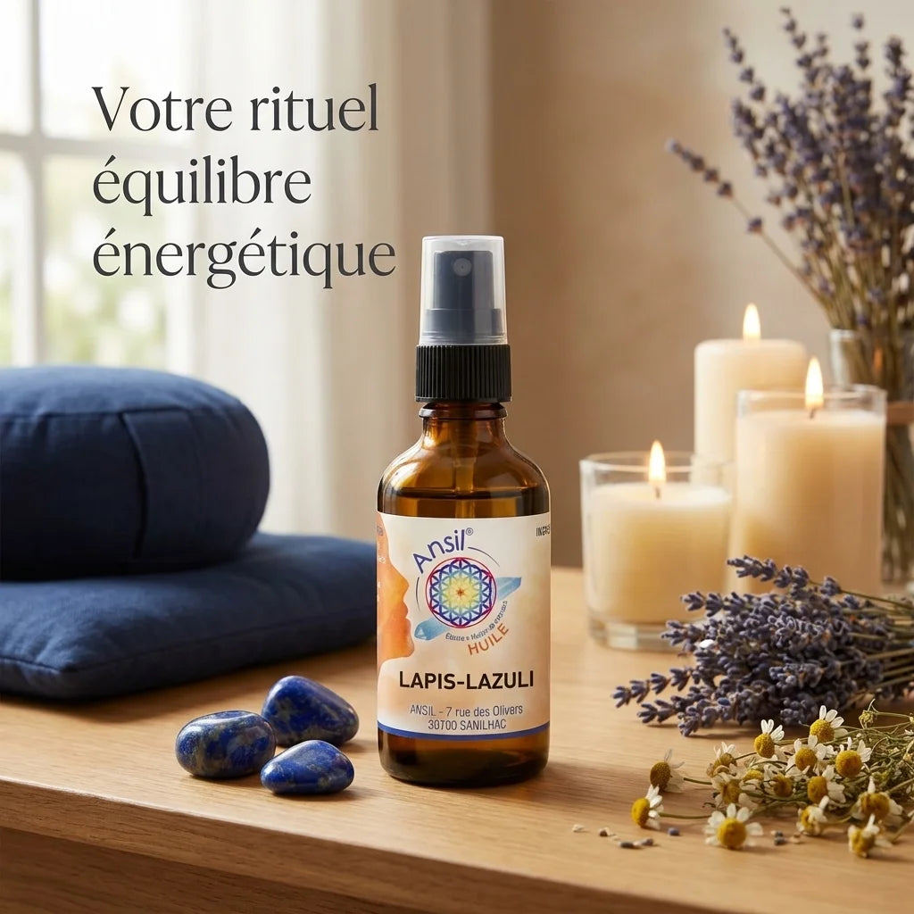 Huile de cristal Lapis-Lazuli 50ml Ansil avec pierres bleues et bougies bien-être