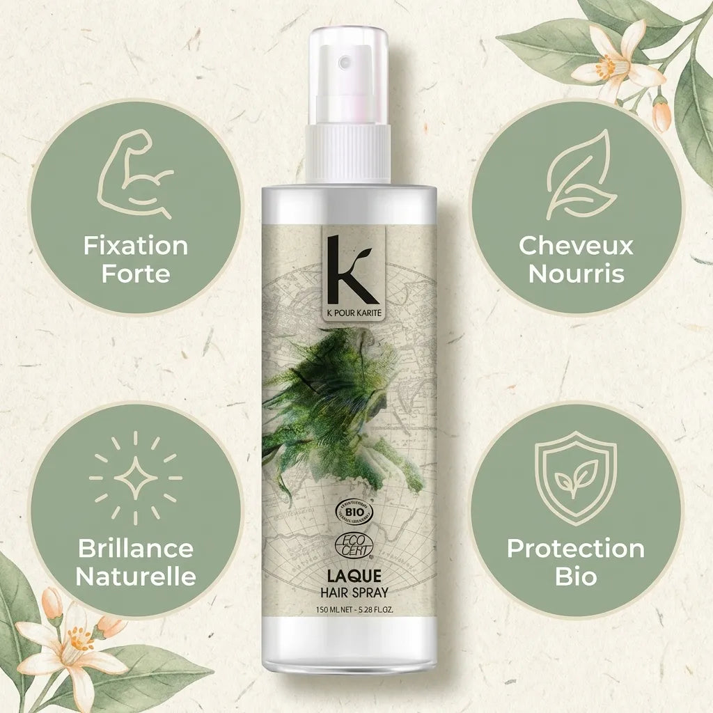 Laque fixation forte bio K pour Karité 150ml avec bénéfices cheveux nourris et brillance naturelle