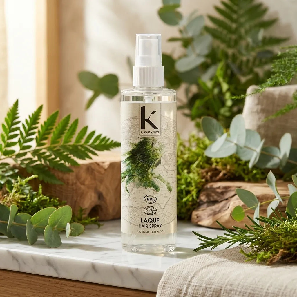 Laque fixation forte bio K pour Karité 150ml sur vanité minimaliste avec éléments botaniques