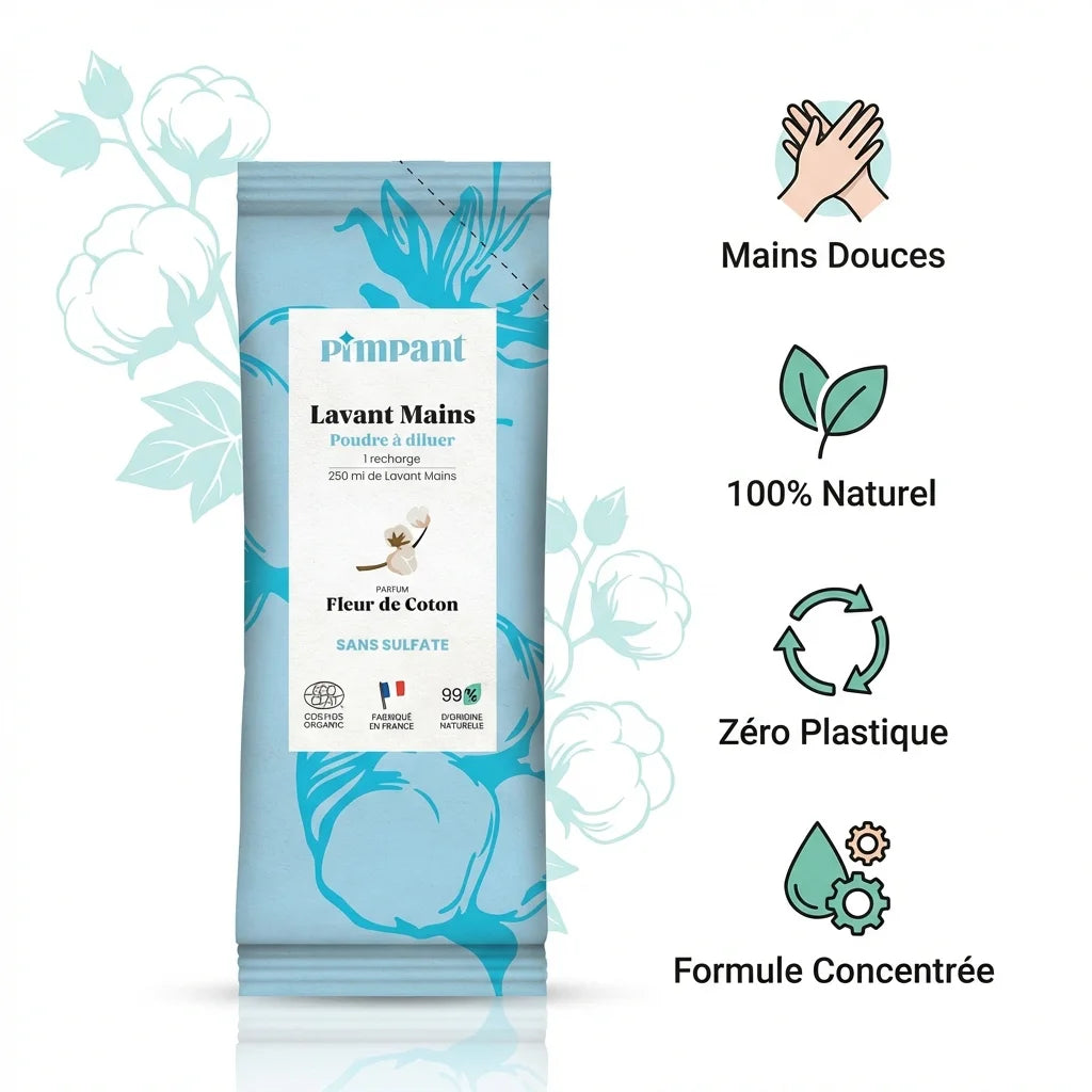 Lavant mains Fleur de Coton Pimpant 25g naturel zéro plastique avec icônes bénéfices