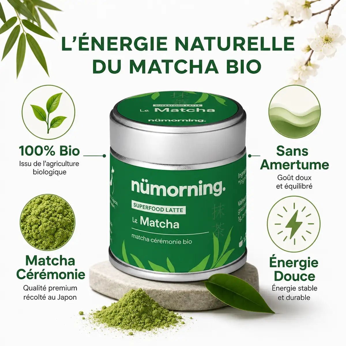 Matcha Cérémonie bio 30g nüMorning - poudre verte japonaise sans amertume