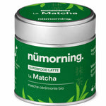 Boîte de Matcha Cérémonie nüMorning 30g avec étiquette verte et logo feuille sur fond blanc