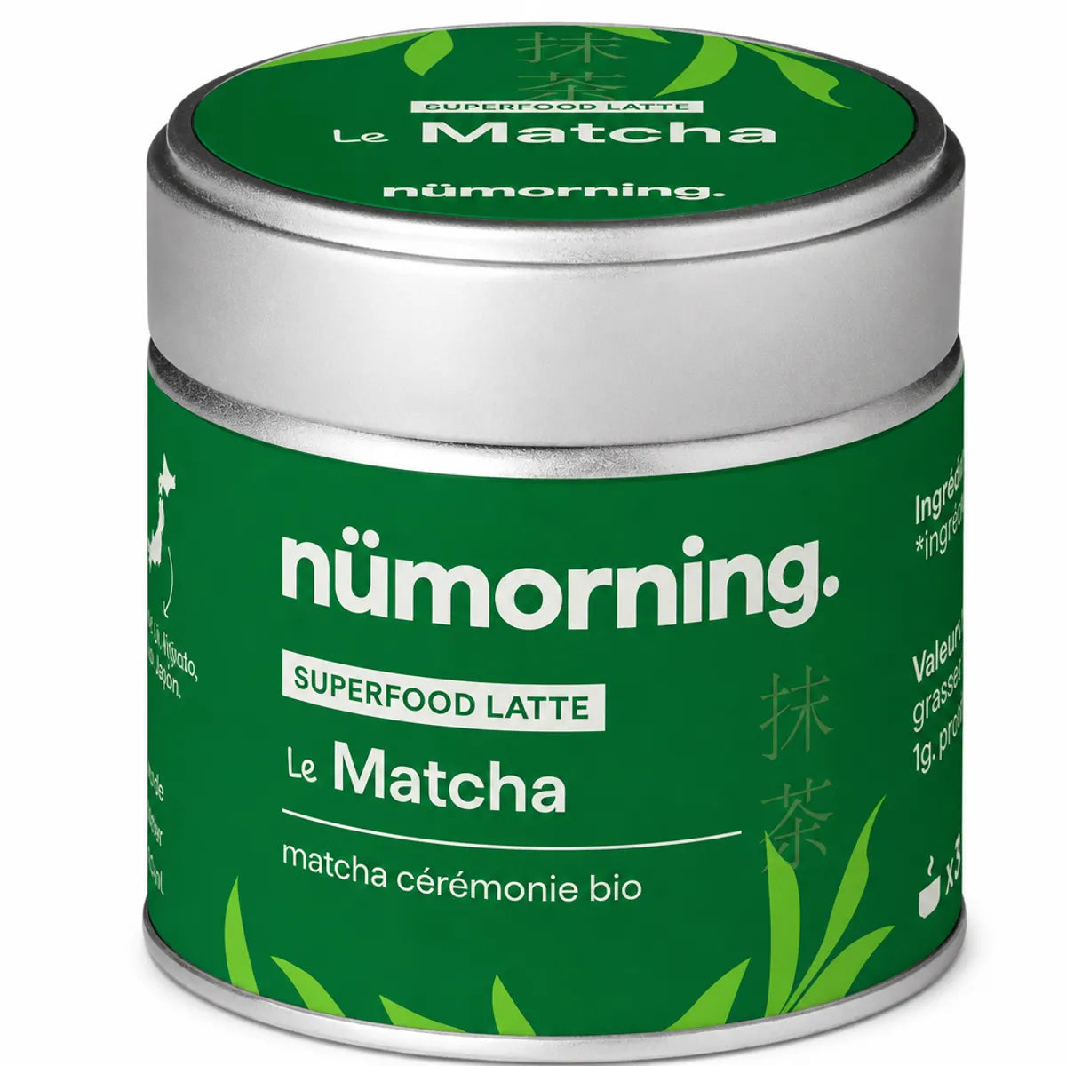 Boîte de Matcha Cérémonie nüMorning 30g avec étiquette verte et logo feuille sur fond blanc