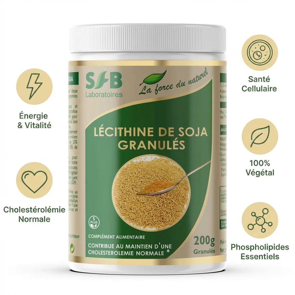 Lécithine de Soja Granulés SFB 200g avec bénéfices santé: énergie, cholestérol, cellules, phospholipides