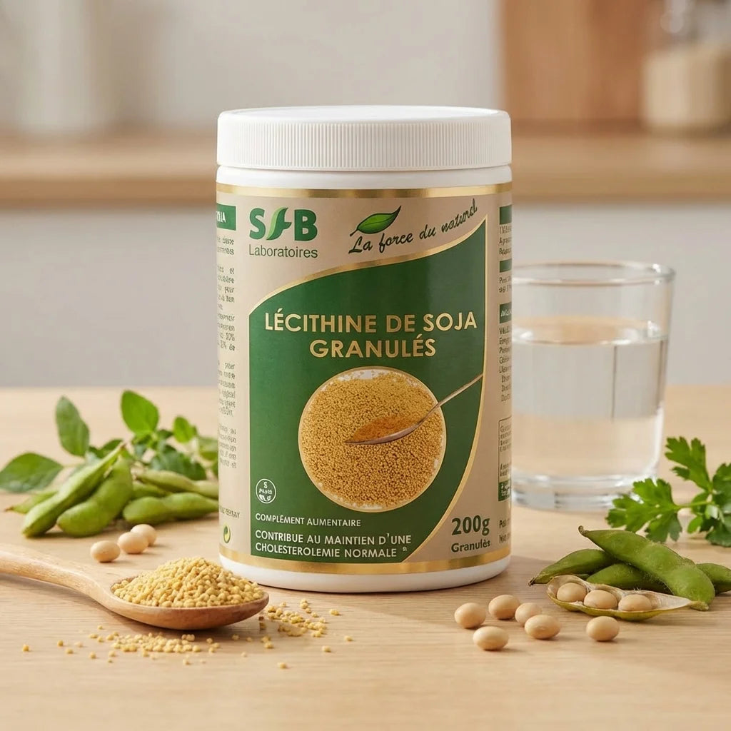 Lécithine de Soja Granulés SFB 200g avec graines de soja et cuillère en bois