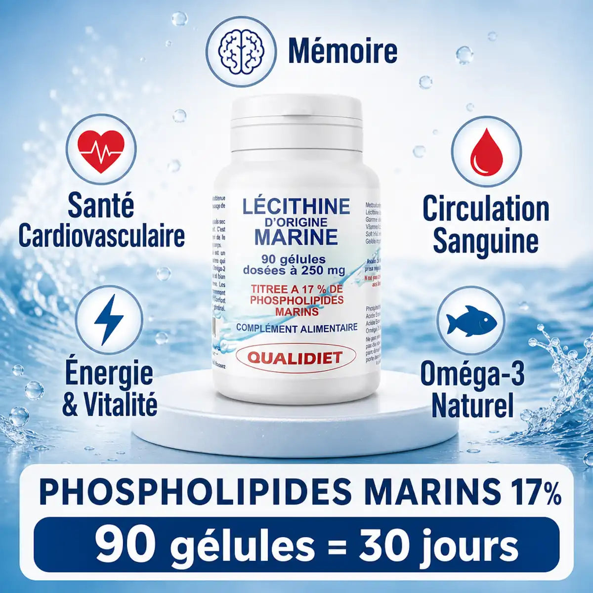 Lécithine marine Qualidiet 90 gélules avec bénéfices mémoire, santé cardiovasculaire et énergie