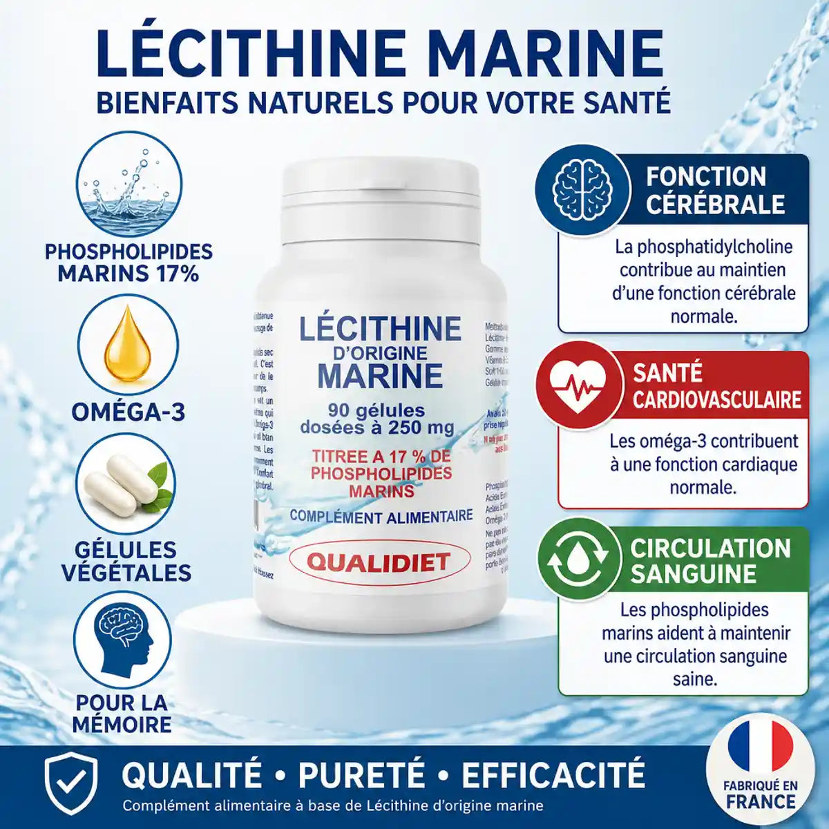 Flacon Lécithine Marine Qualidiet 90 gélules - Phospholipides et Oméga-3 pour mémoire