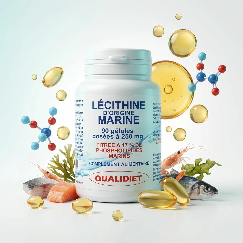 Lécithine marine Vitalosmose 90 gélules avec ingrédients naturels et oméga-3 sur fond blanc