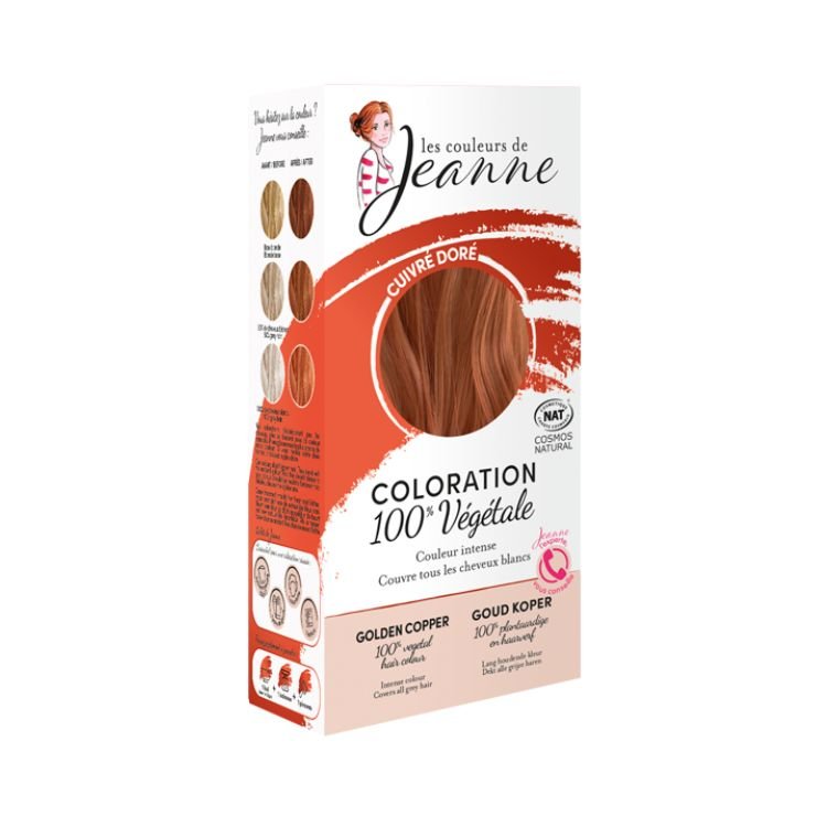 Boîte de Coloration cuivré doré 100% Végétale Les Couleurs de Jeanne, en 2 x 50g, pour une couleur naturelle et respectueuse des cheveux.