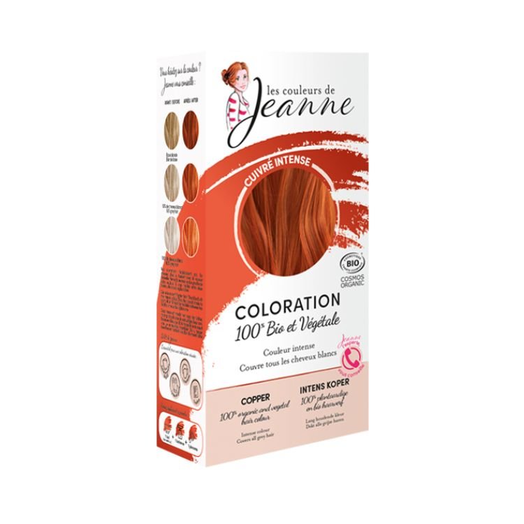 Boîte de Coloration cuivré intense 100% Végétale Les Couleurs de Jeanne, en 2 x 50g, pour une couleur naturelle et respectueuse des cheveux.