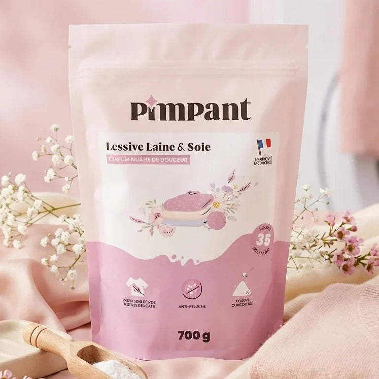 Lessive Laine & Soie Pimpant 700g en poudre avec tissus délicats et fleurs sur fond pastel