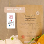 Les labels du la lessive en poudre au bicarbonate de 1 kg de la marque Comme Avant