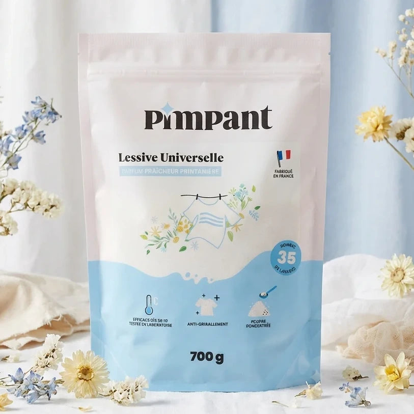 Lessive poudre Pimpant 700g recharge sur lin blanc avec fleurs séchées