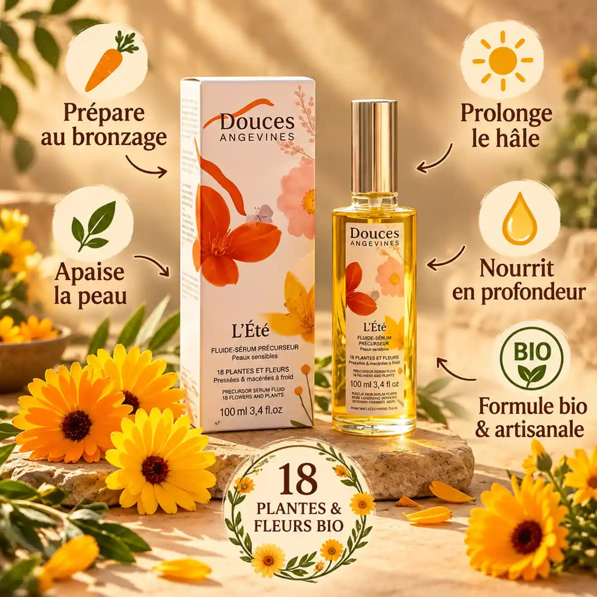 L'Été Fluide prolongateur bronzage bio Douces Angevines avec fleurs de calendula et bénéfices
