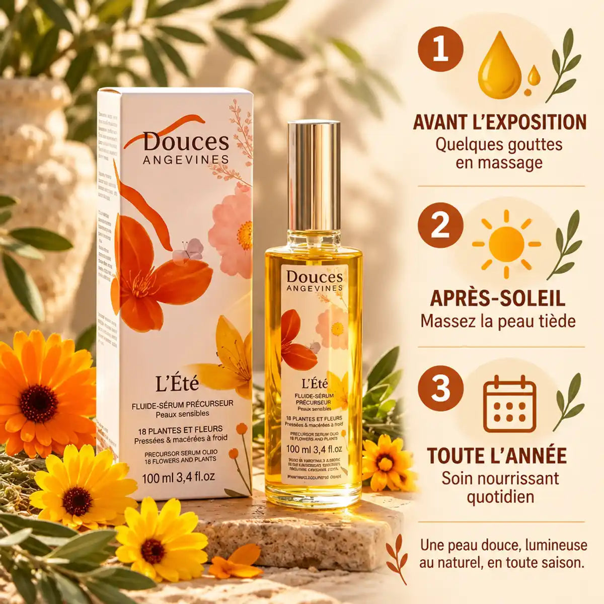 L'Été Fluide prolongateur bronzage bio Douces Angevines avec guide d'utilisation avant et après soleil