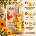 L'Été Fluide prolongateur bronzage bio Douces Angevines avec guide d'utilisation avant et après soleil