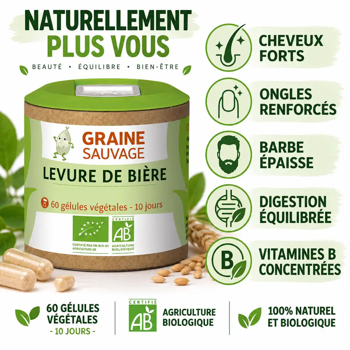 Levure de bière bio Graine Sauvage 60 gélules avec bénéfices cheveux ongles digestion