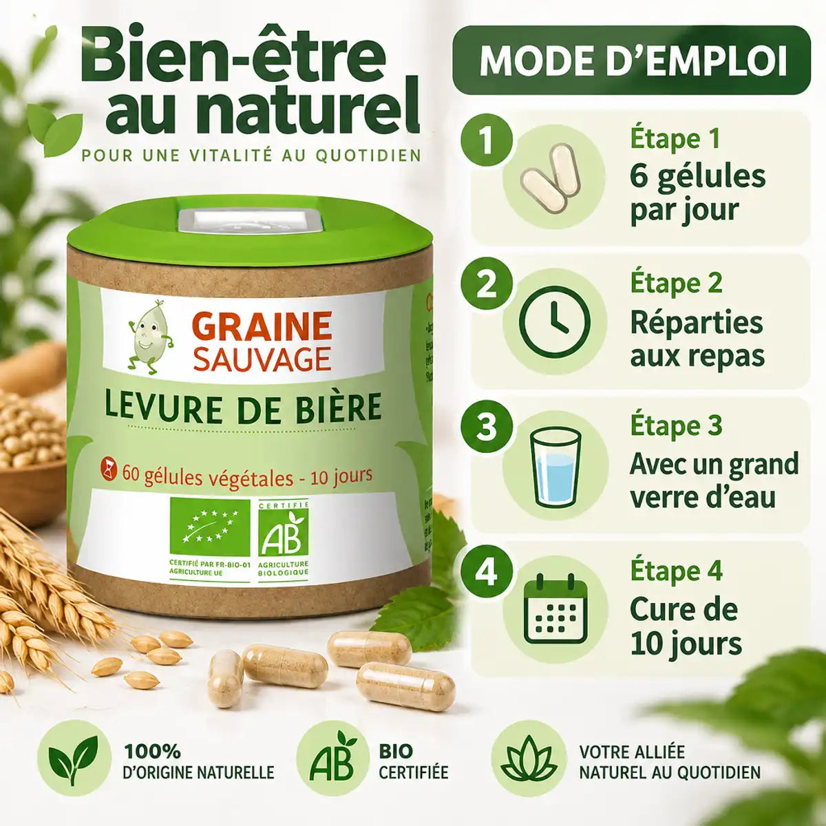 Levure de Bière Bio 60 gélules Graine sauvage - Mode d'emploi et instructions d'utilisation
