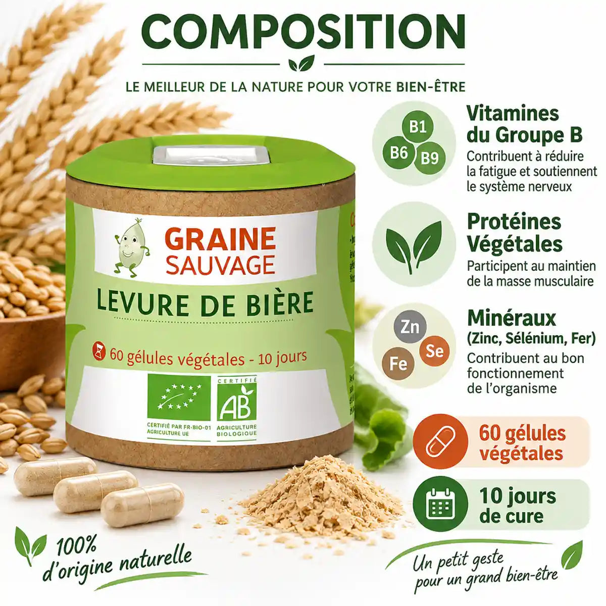 Levure de bière bio 60 gélules Graine sauvage avec composition vitamines groupe B et minéraux