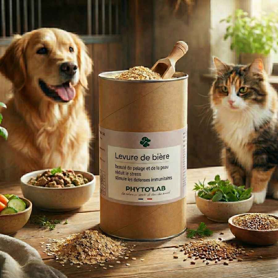 Un pot de levure de bière avec en fon un chien et un chat et des ingrédients autour d'une table