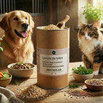 Un pot de levure de bière avec en fon un chien et un chat et des ingrédients autour d'une table