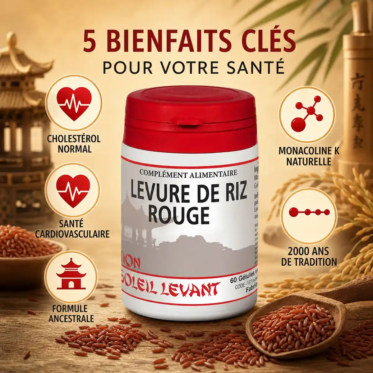 Levure de riz rouge 60 gélules avec bénéfices cholestérol et santé cardiovasculaire