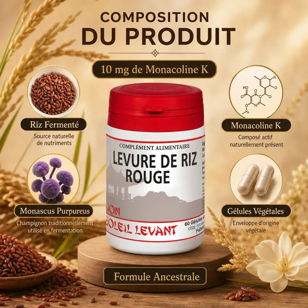 Levure de riz rouge 60 gélules avec composition monacoline K et ingrédients naturels