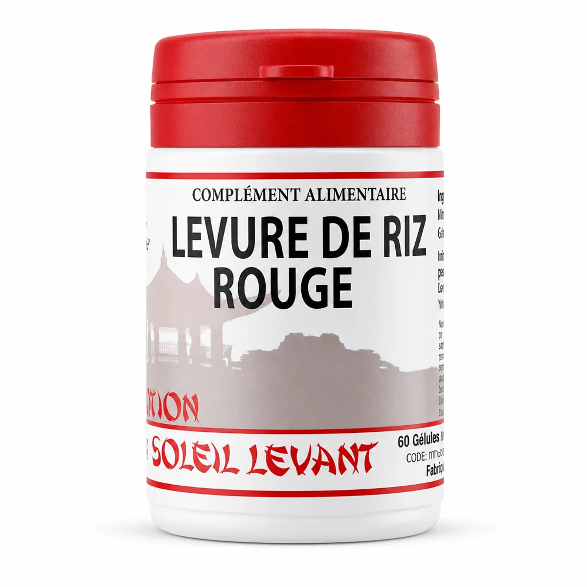 Flacon levure de riz rouge 60 gélules avec étiquette blanche et bouchon rouge sur fond blanc