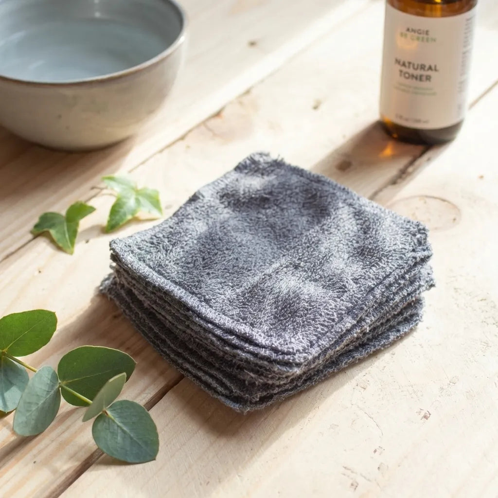 Lingettes démaquillantes réutilisables Angie Be Green x10 sur surface en bois, style minimaliste écologique