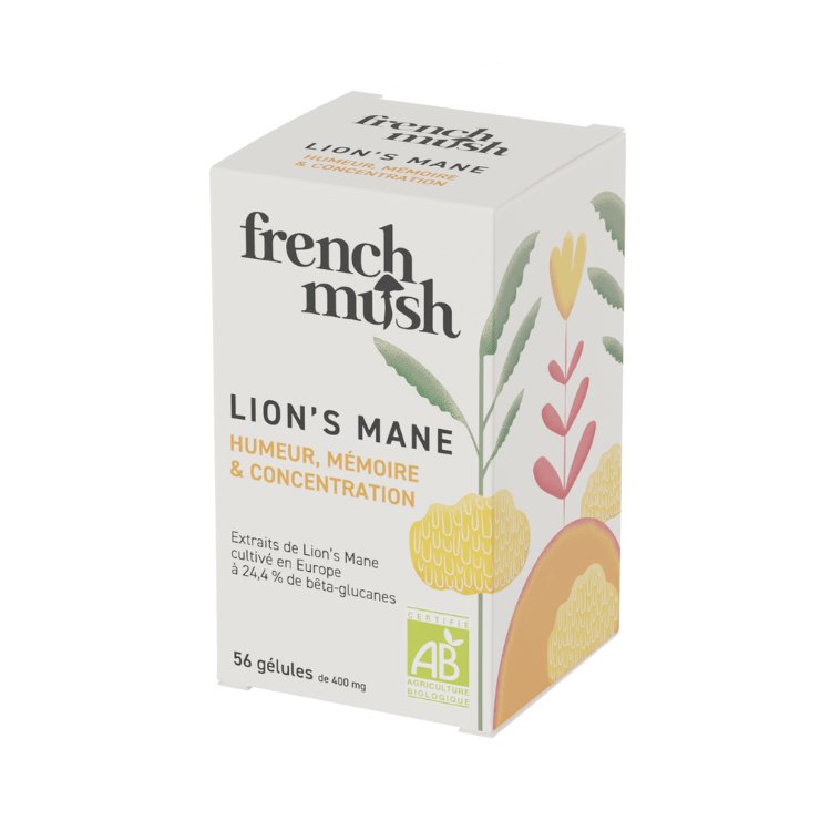 boîte en carton de 56 gélules de lion's mane de la marque french mush