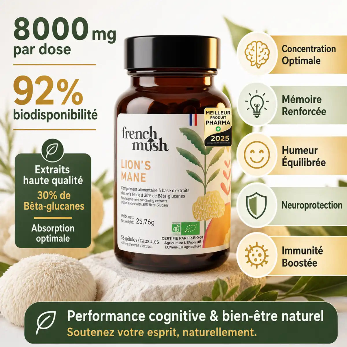Lion's Mane French Mush 56 gélules - Flacon avec bénéfices cognitifs: concentration, mémoire, humeur