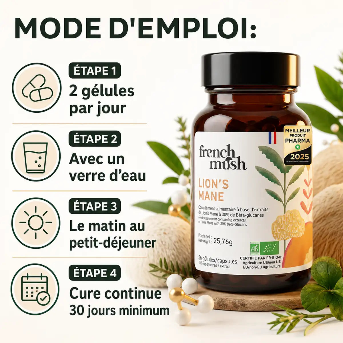 Lion's Mane complément alimentaire 56 gélules - Mode d'emploi dosage pour mémoire et concentration