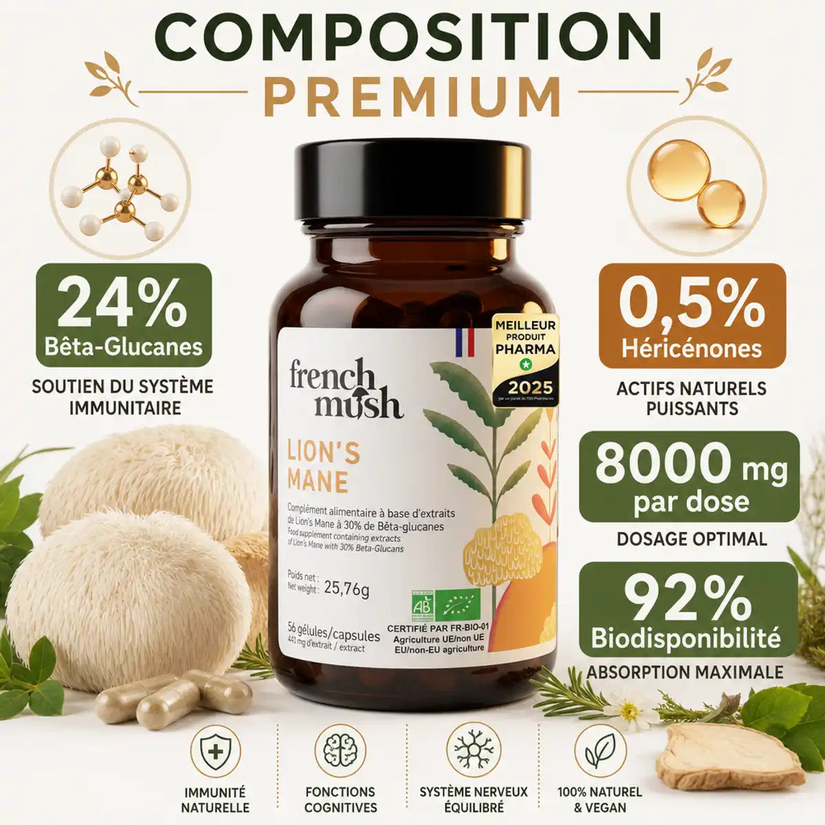 Lion's Mane French Mush 56 gélules avec composition premium, bêta-glucanes et héricénones pour mémoire et concentration