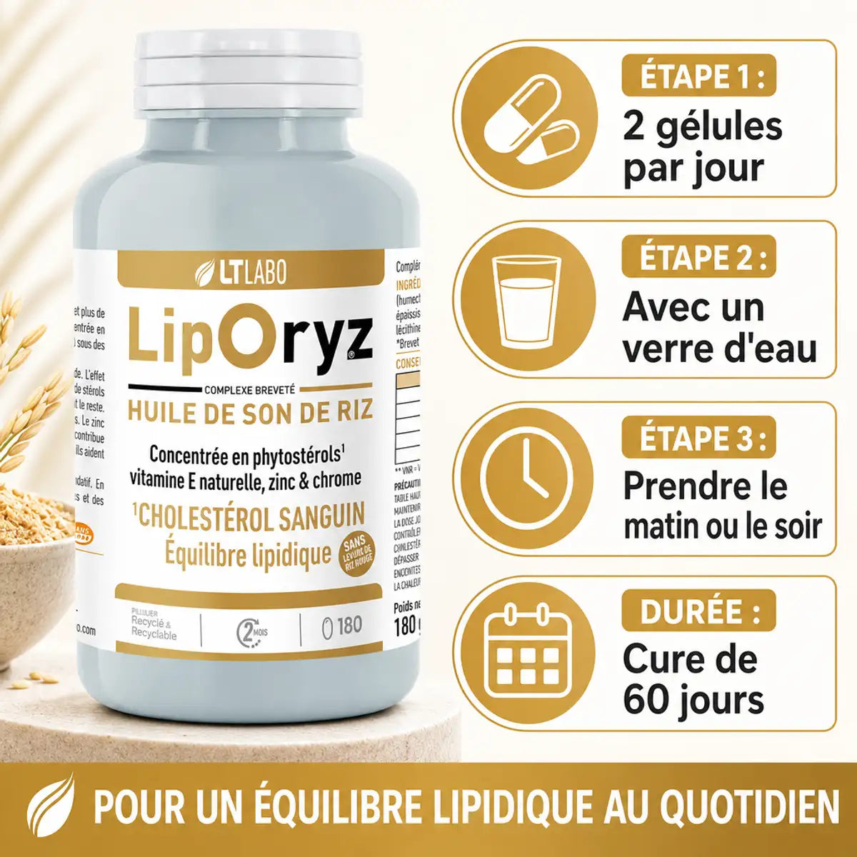 Liporyz 180 capsules huile son de riz - posologie 2 gélules jour cure cholestérol LT Labo