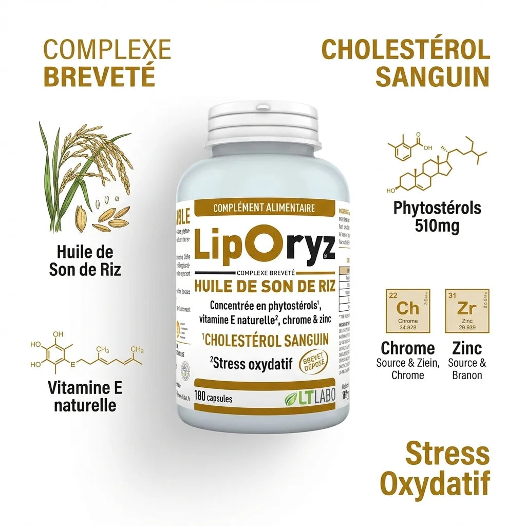 Liporyz 180 capsules - Flacon d'huile de son de riz avec ingrédients pour réguler le cholestérol