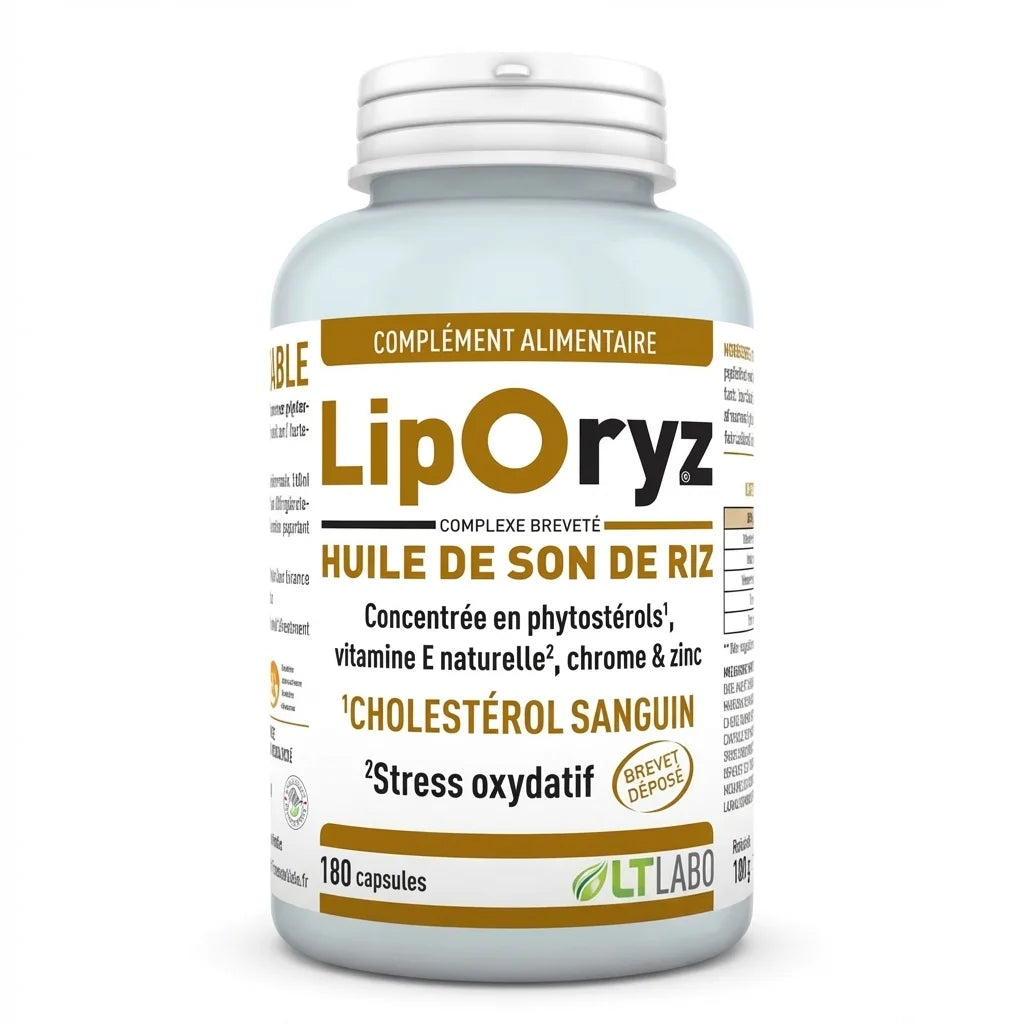 Liporyz 180 capsules huile son de riz LT Labo cholestérol flacon bleu gris