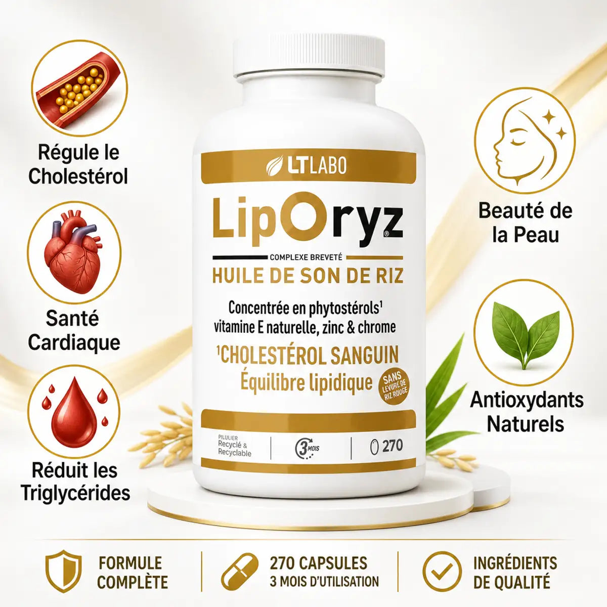 Liporyz 270 capsules huile son riz régule cholestérol santé cardiaque avec icônes bénéfices