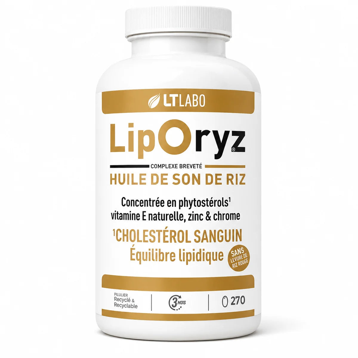 Liporyz 270 capsules huile son riz LT Labo régulateur cholestérol flacon blanc