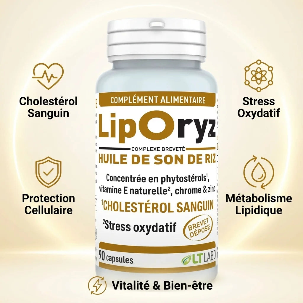 Liporyz 90 capsules huile de son de riz avec icônes bénéfices santé : cholestérol, protection cellulaire et vitalité