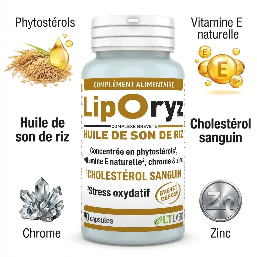 Liporyz 90 capsules avec ingrédients phytostérols, vitamine E, chrome et zinc pour réguler le cholestérol
